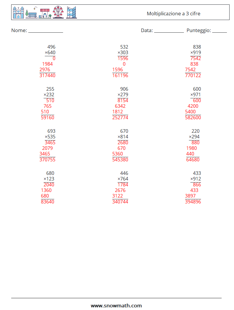 (12) Moltiplicazione a 3 cifre Fogli di lavoro di matematica 5 Domanda, Risposta