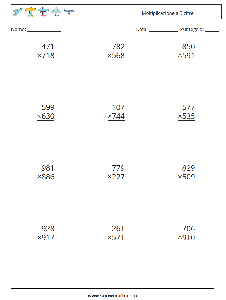 (12) Moltiplicazione a 3 cifre Fogli di lavoro di matematica 6