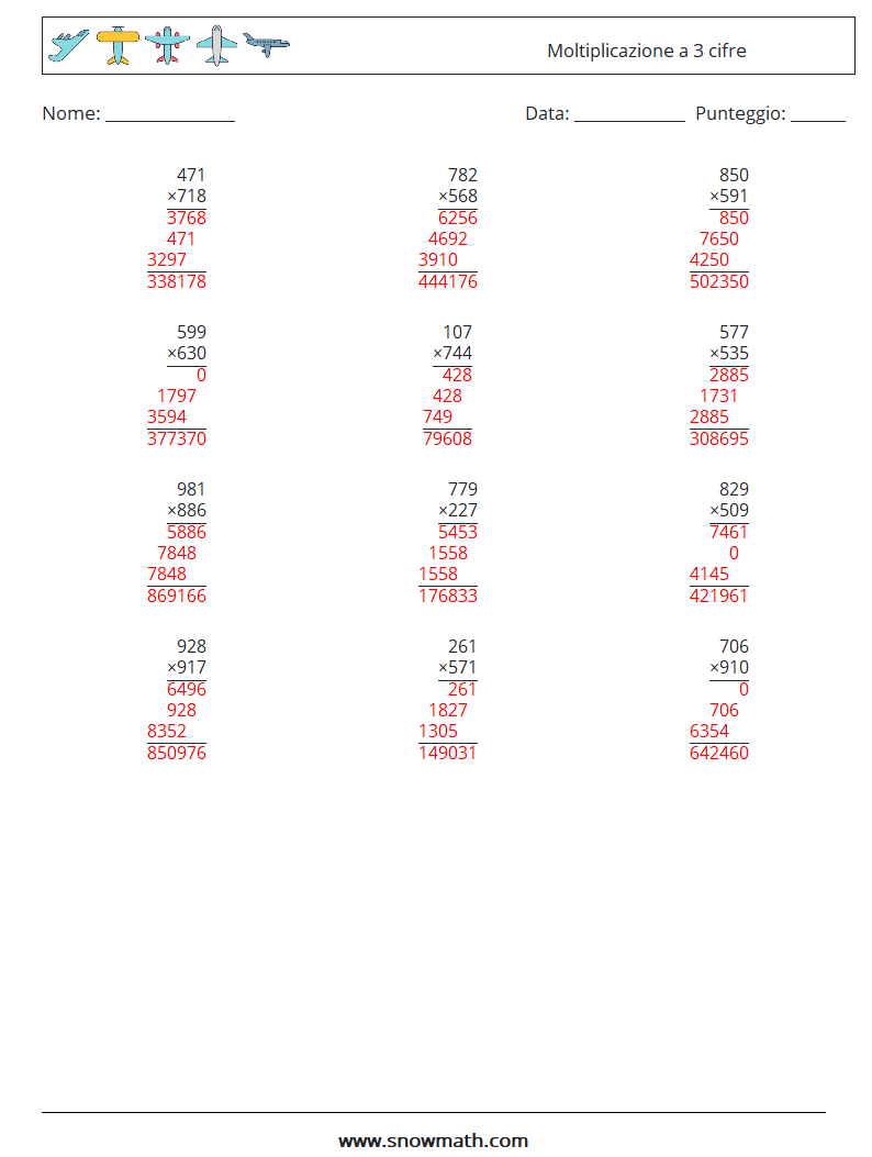 (12) Moltiplicazione a 3 cifre Fogli di lavoro di matematica 6 Domanda, Risposta