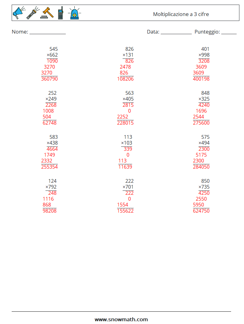 (12) Moltiplicazione a 3 cifre Fogli di lavoro di matematica 8 Domanda, Risposta