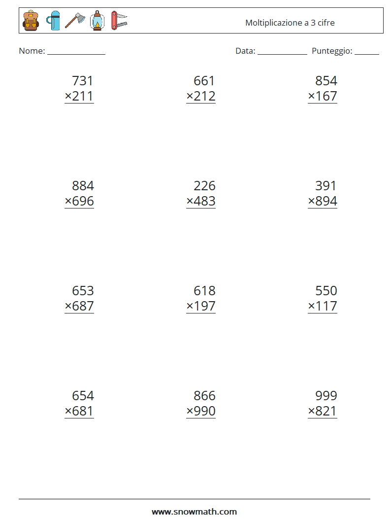 (12) Moltiplicazione a 3 cifre Fogli di lavoro di matematica 9