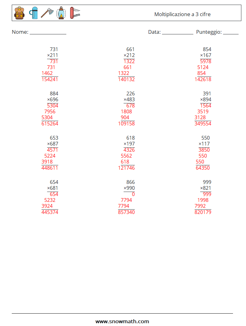 (12) Moltiplicazione a 3 cifre Fogli di lavoro di matematica 9 Domanda, Risposta