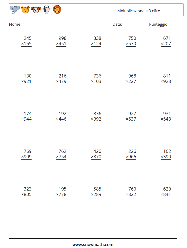 (25) Moltiplicazione a 3 cifre Fogli di lavoro di matematica 10