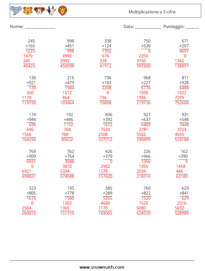 (25) Moltiplicazione a 3 cifre Fogli di lavoro di matematica 10 Domanda, Risposta
