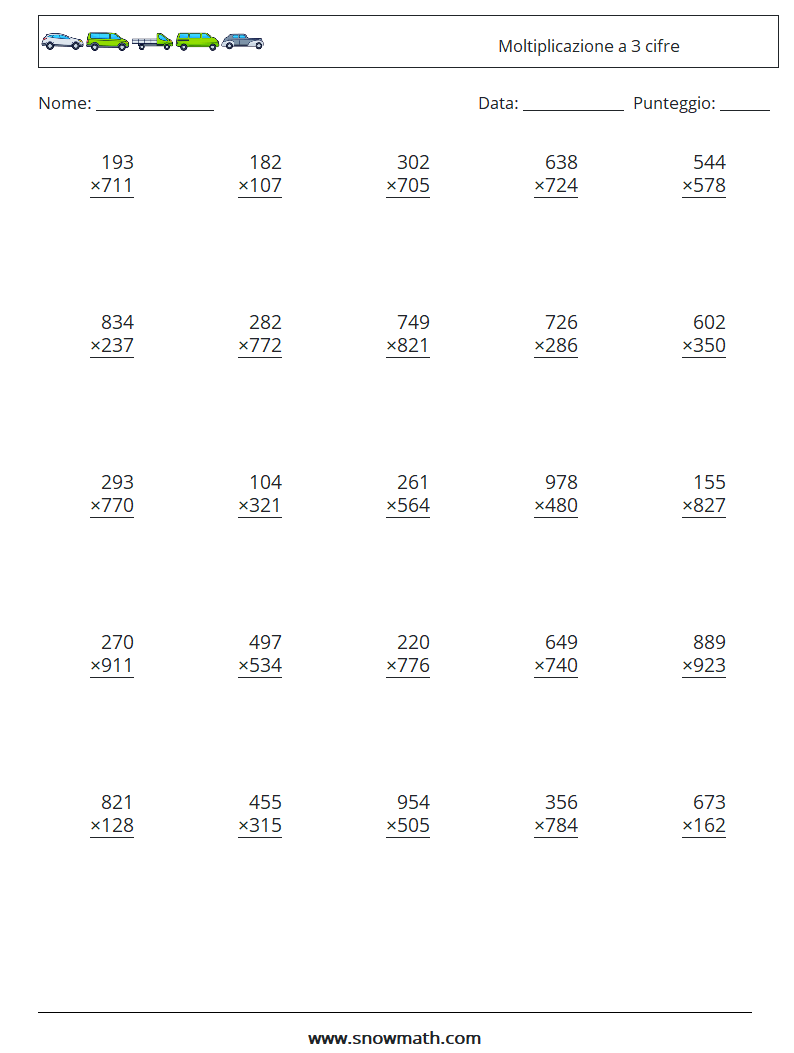 (25) Moltiplicazione a 3 cifre Fogli di lavoro di matematica 11
