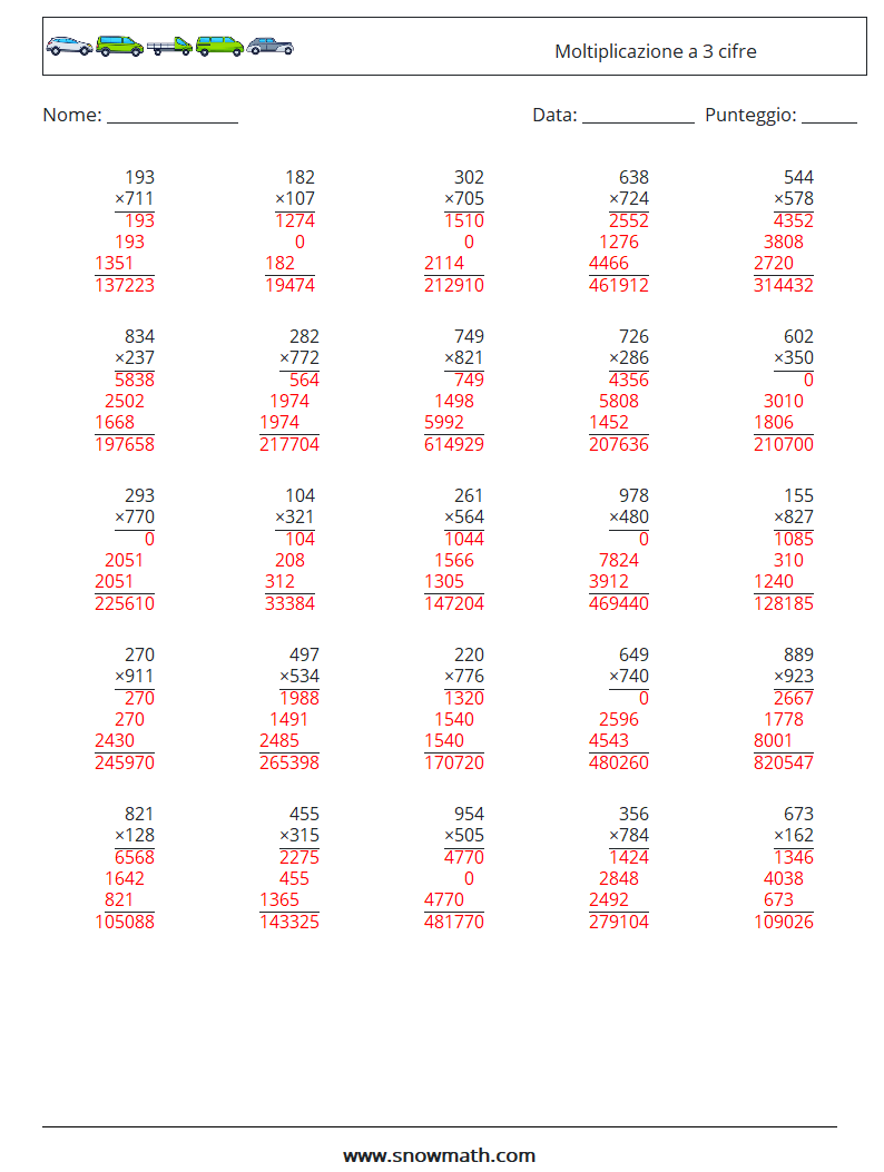 (25) Moltiplicazione a 3 cifre Fogli di lavoro di matematica 11 Domanda, Risposta
