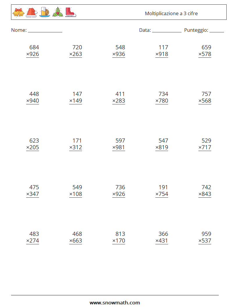 (25) Moltiplicazione a 3 cifre Fogli di lavoro di matematica 12