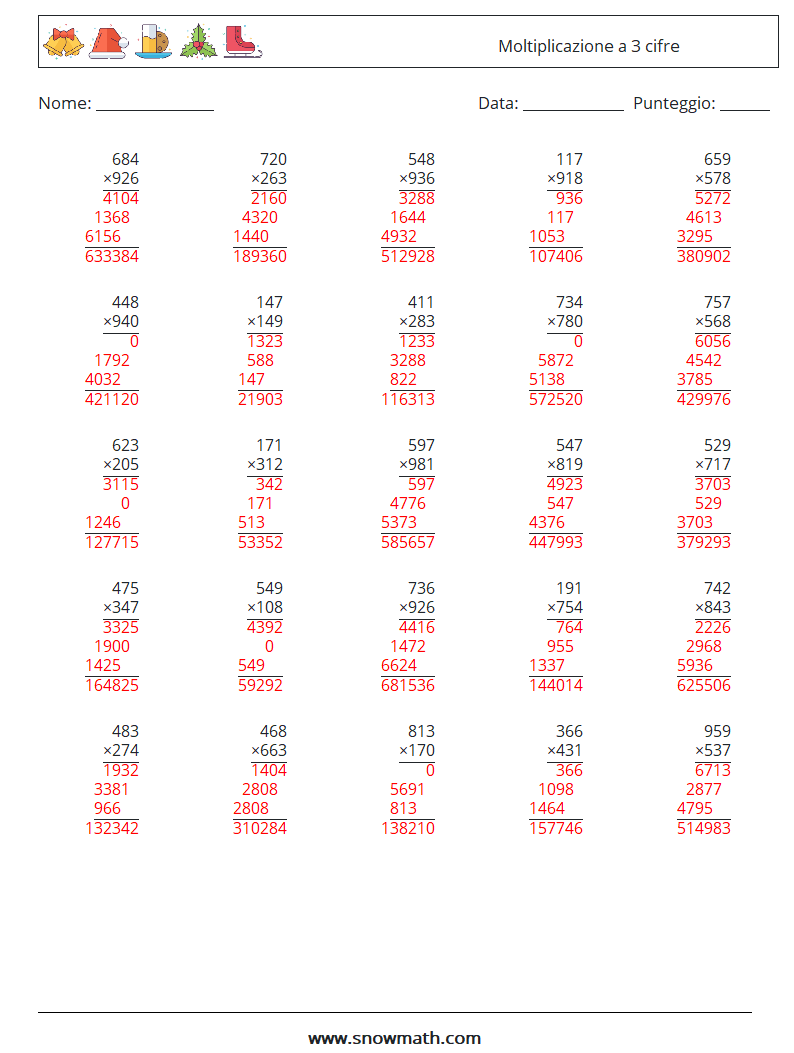 (25) Moltiplicazione a 3 cifre Fogli di lavoro di matematica 12 Domanda, Risposta