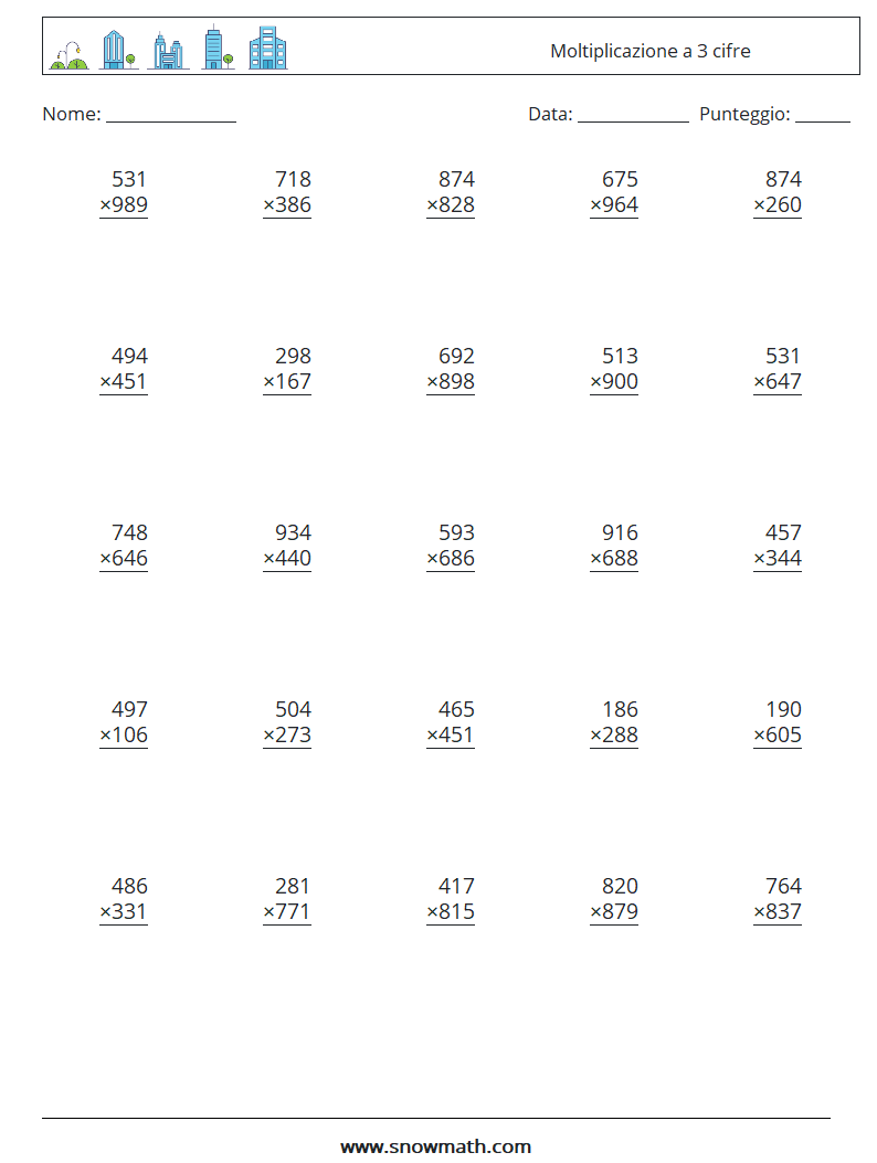 (25) Moltiplicazione a 3 cifre Fogli di lavoro di matematica 13