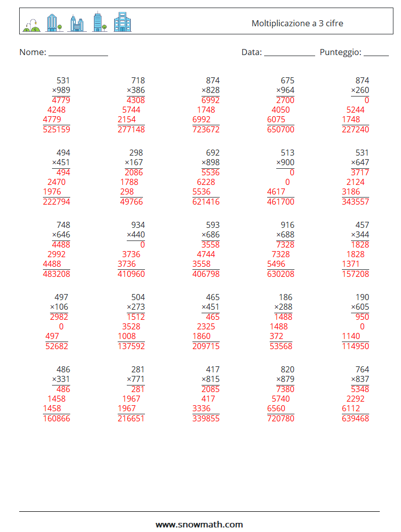 (25) Moltiplicazione a 3 cifre Fogli di lavoro di matematica 13 Domanda, Risposta