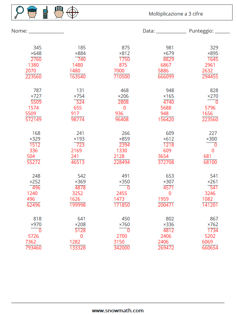 (25) Moltiplicazione a 3 cifre Fogli di lavoro di matematica 14 Domanda, Risposta