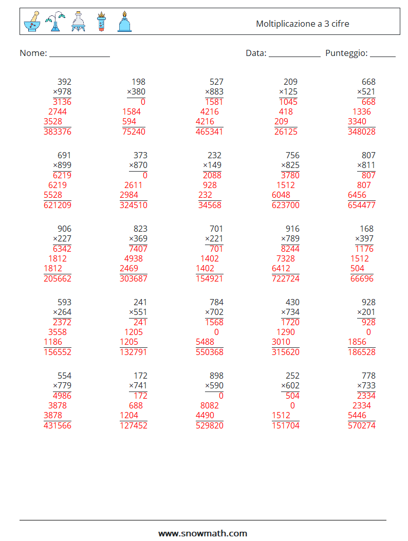 (25) Moltiplicazione a 3 cifre Fogli di lavoro di matematica 15 Domanda, Risposta