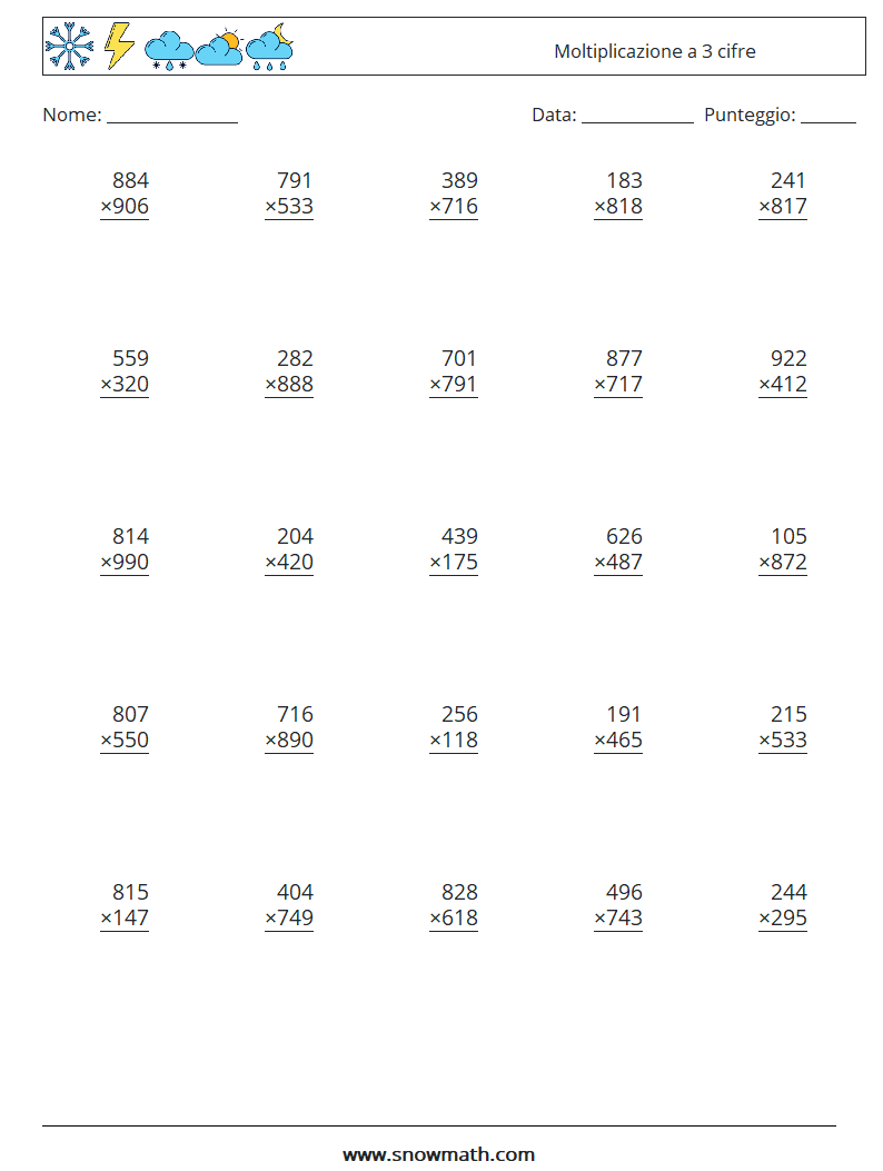 (25) Moltiplicazione a 3 cifre Fogli di lavoro di matematica 16