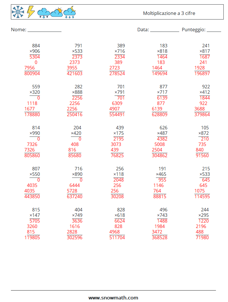 (25) Moltiplicazione a 3 cifre Fogli di lavoro di matematica 16 Domanda, Risposta
