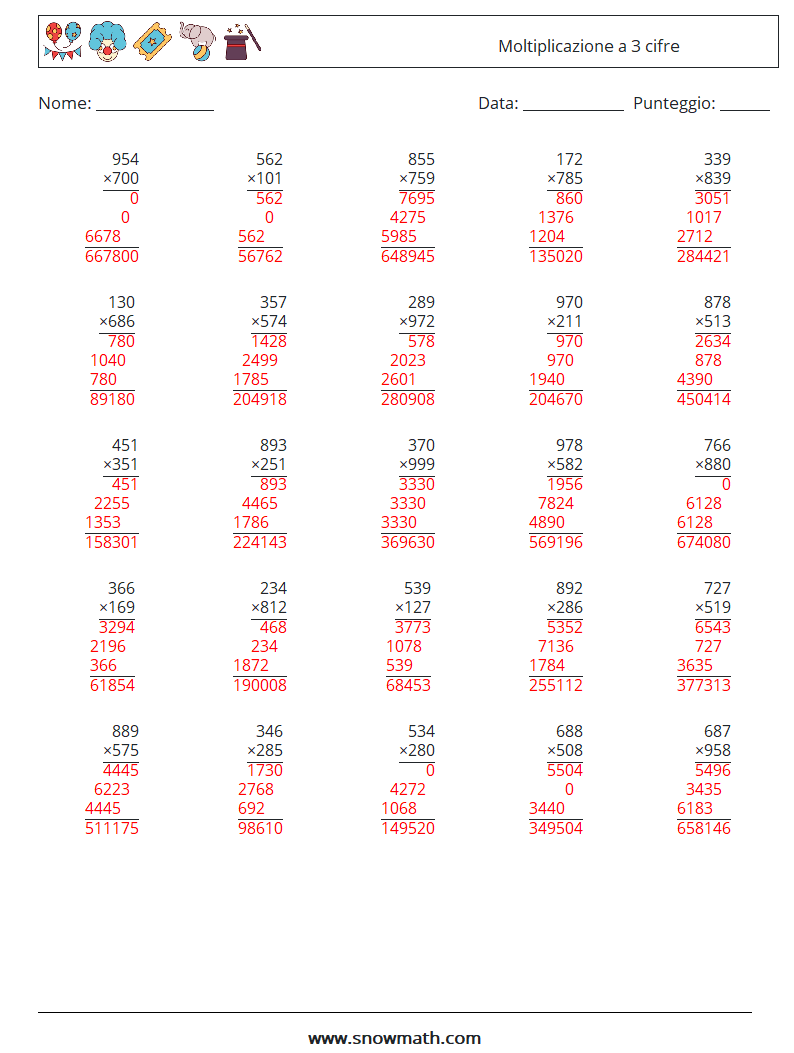 (25) Moltiplicazione a 3 cifre Fogli di lavoro di matematica 17 Domanda, Risposta