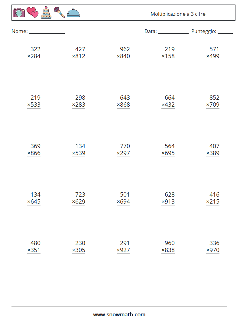(25) Moltiplicazione a 3 cifre Fogli di lavoro di matematica 18