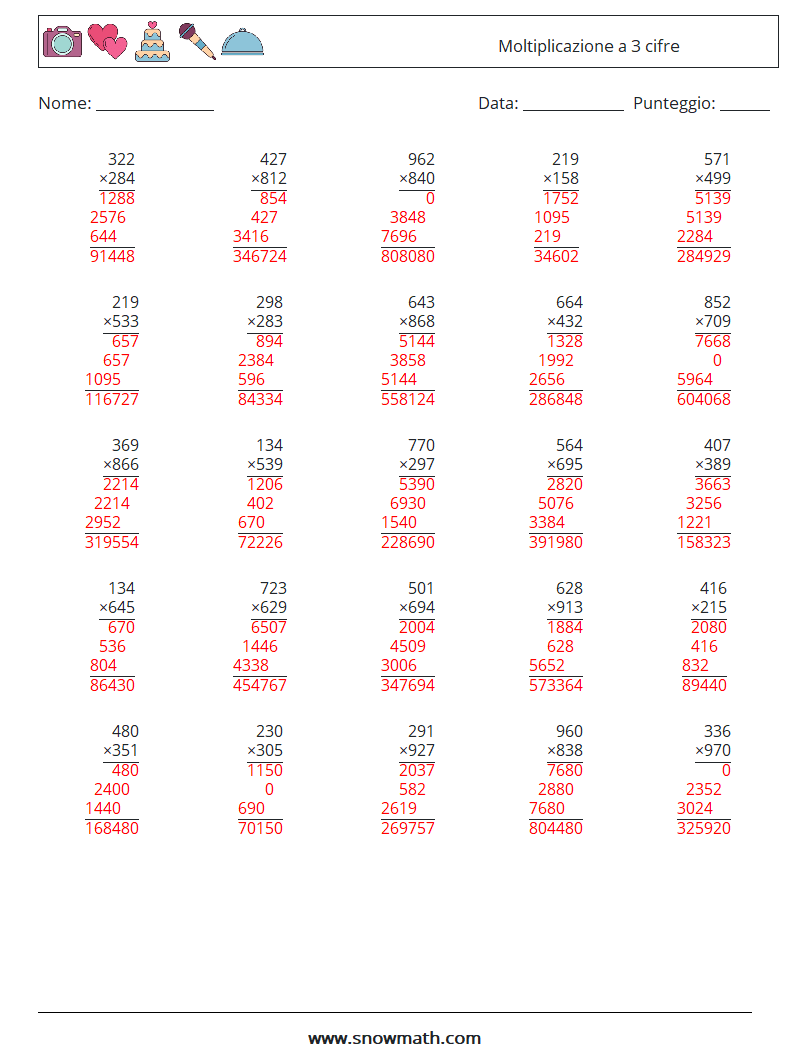 (25) Moltiplicazione a 3 cifre Fogli di lavoro di matematica 18 Domanda, Risposta