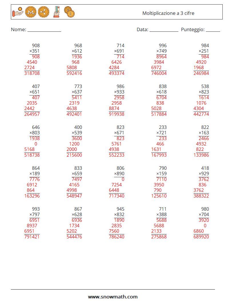 (25) Moltiplicazione a 3 cifre Fogli di lavoro di matematica 1 Domanda, Risposta