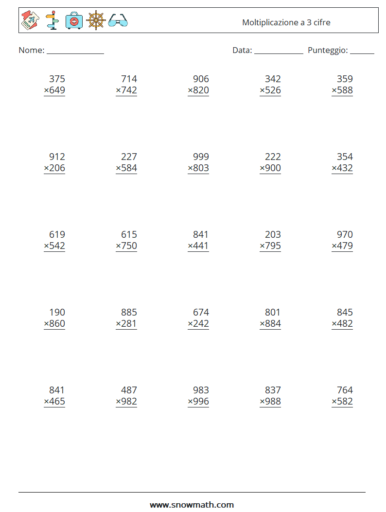 (25) Moltiplicazione a 3 cifre Fogli di lavoro di matematica 2