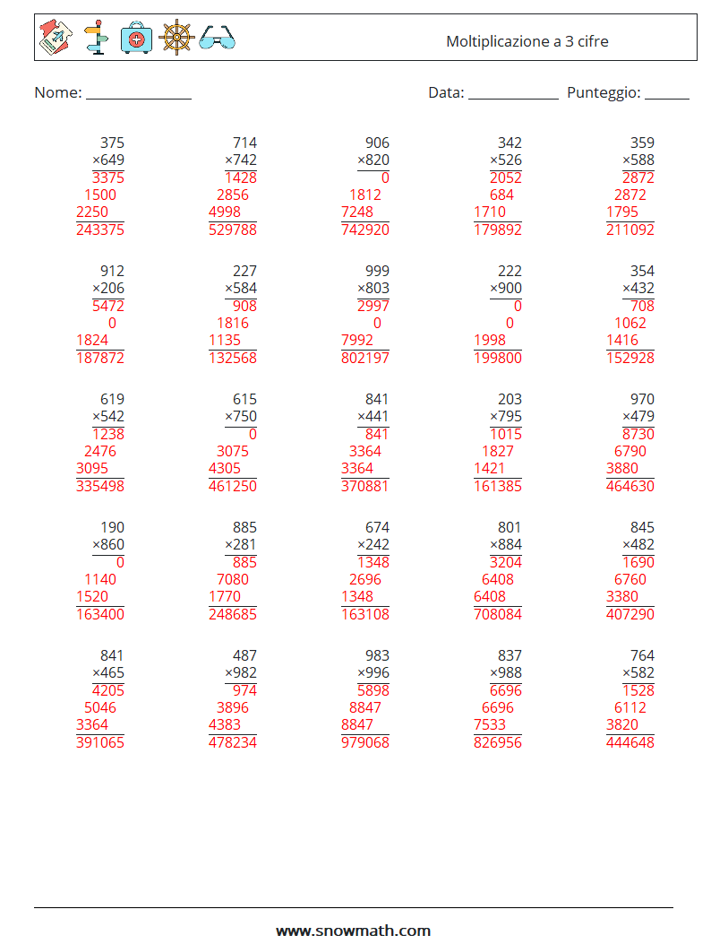 (25) Moltiplicazione a 3 cifre Fogli di lavoro di matematica 2 Domanda, Risposta