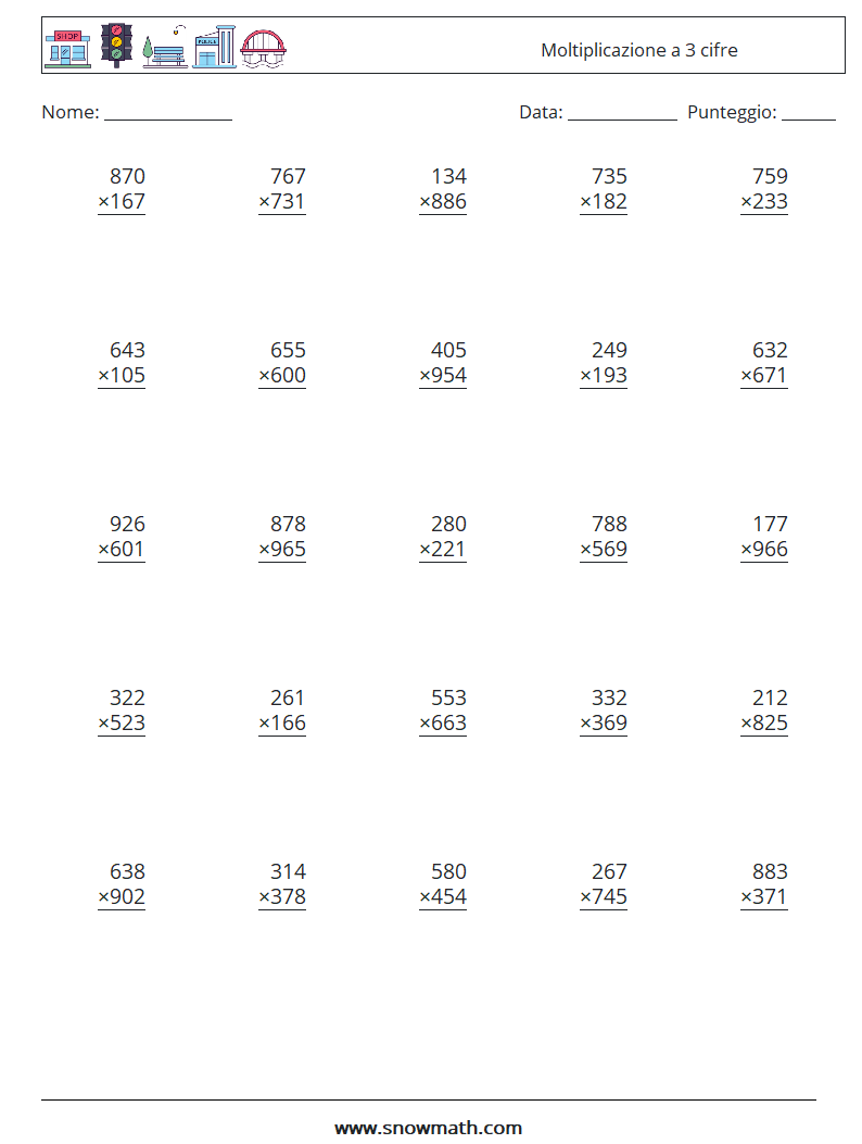(25) Moltiplicazione a 3 cifre Fogli di lavoro di matematica 3