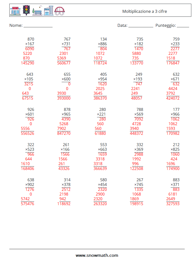 (25) Moltiplicazione a 3 cifre Fogli di lavoro di matematica 3 Domanda, Risposta
