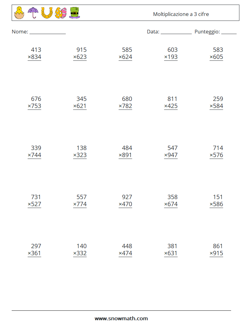 (25) Moltiplicazione a 3 cifre Fogli di lavoro di matematica 4