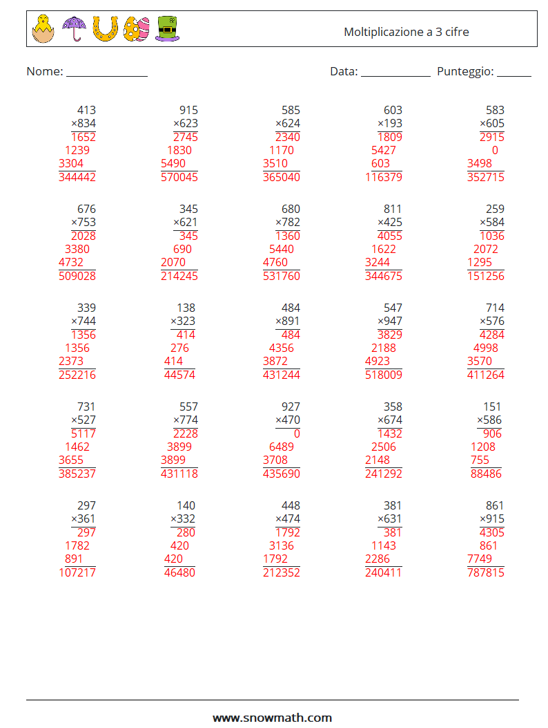 (25) Moltiplicazione a 3 cifre Fogli di lavoro di matematica 4 Domanda, Risposta