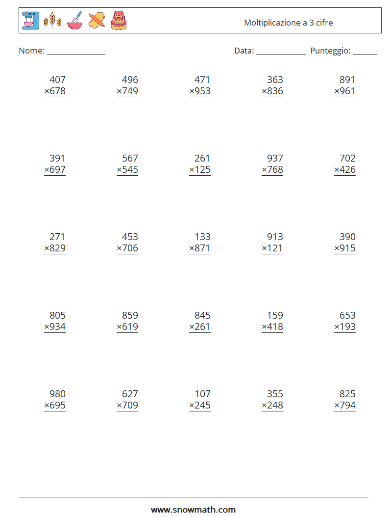 (25) Moltiplicazione a 3 cifre Fogli di lavoro di matematica 5