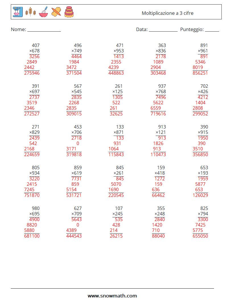 (25) Moltiplicazione a 3 cifre Fogli di lavoro di matematica 5 Domanda, Risposta