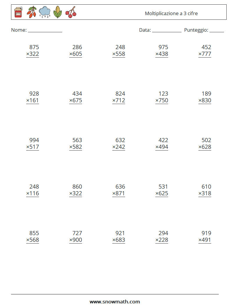 (25) Moltiplicazione a 3 cifre Fogli di lavoro di matematica 6