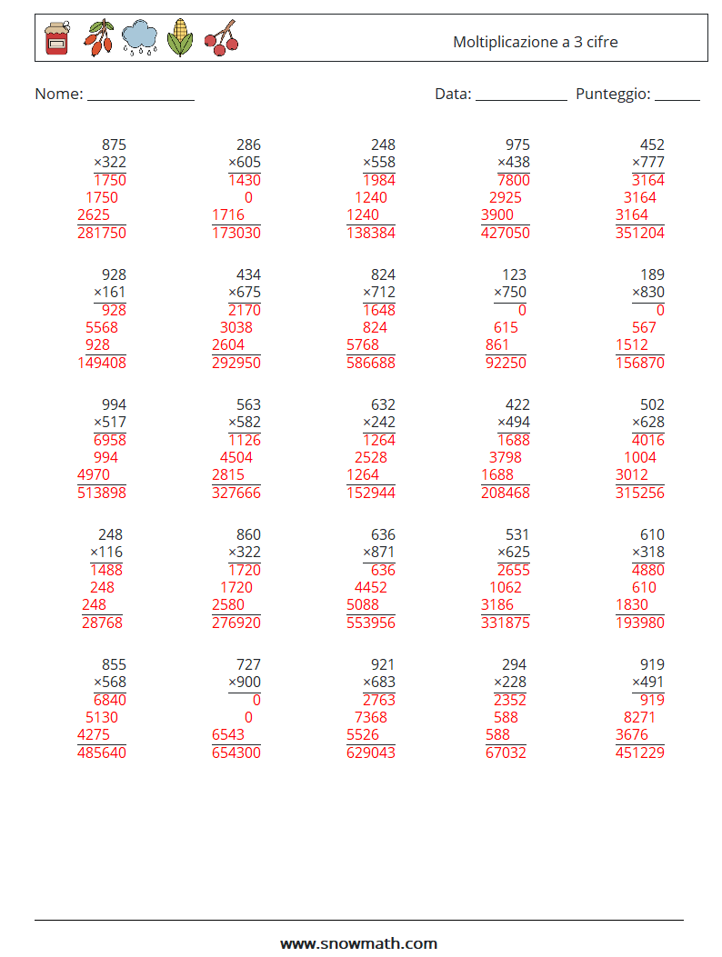 (25) Moltiplicazione a 3 cifre Fogli di lavoro di matematica 6 Domanda, Risposta
