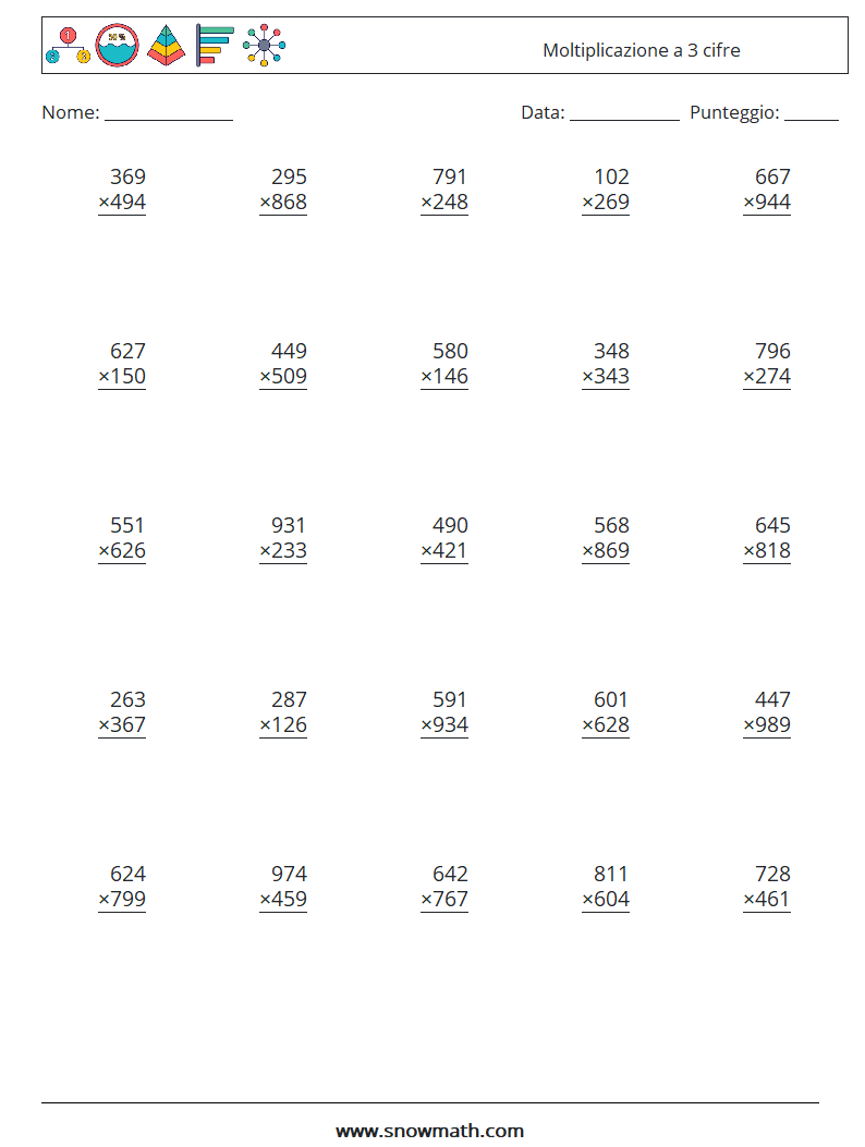 (25) Moltiplicazione a 3 cifre Fogli di lavoro di matematica 7
