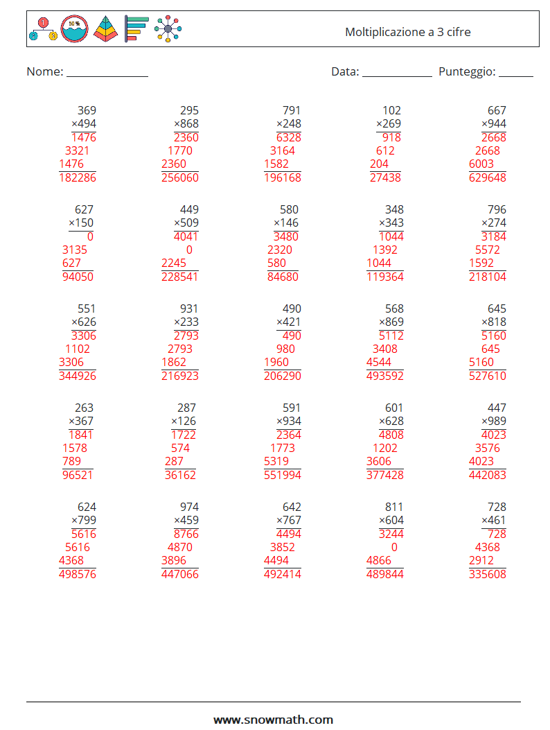 (25) Moltiplicazione a 3 cifre Fogli di lavoro di matematica 7 Domanda, Risposta
