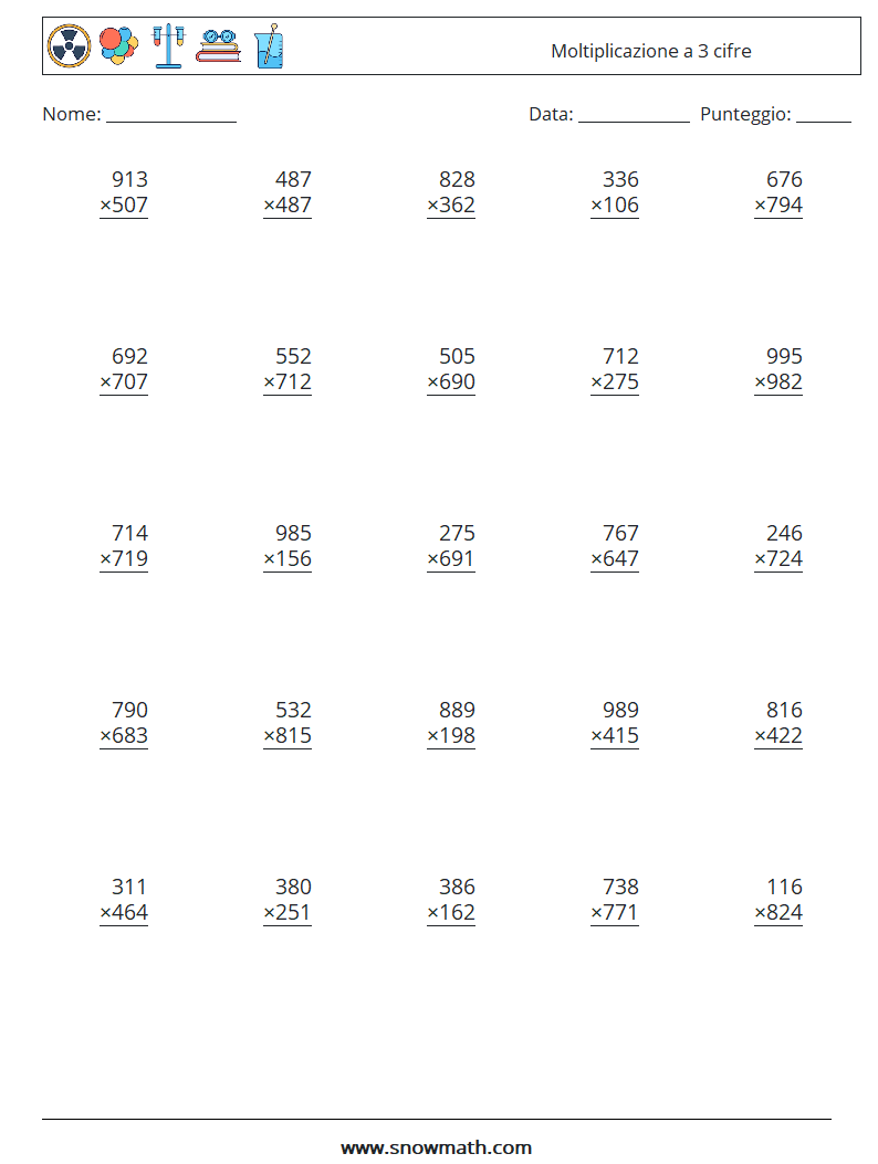 (25) Moltiplicazione a 3 cifre Fogli di lavoro di matematica 8