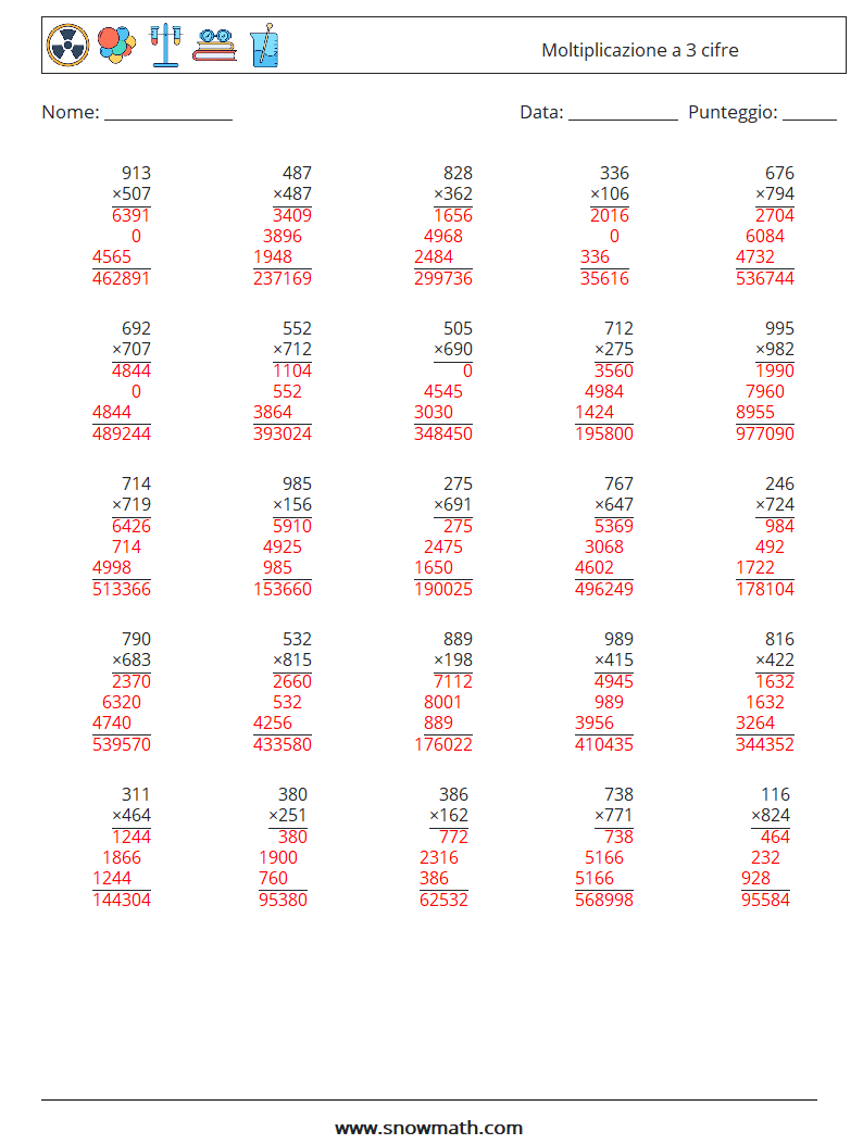 (25) Moltiplicazione a 3 cifre Fogli di lavoro di matematica 8 Domanda, Risposta