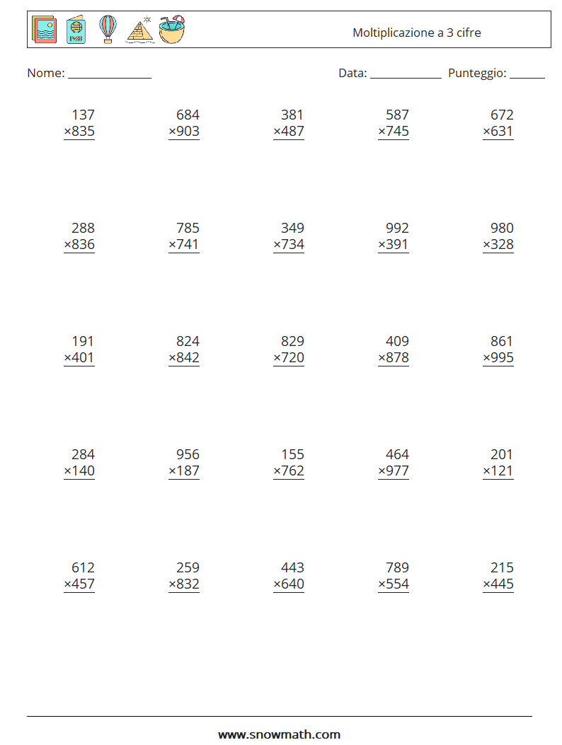 (25) Moltiplicazione a 3 cifre Fogli di lavoro di matematica 9