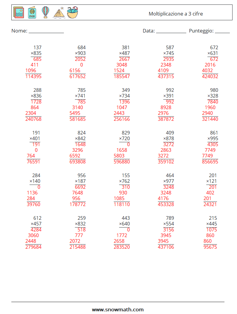 (25) Moltiplicazione a 3 cifre Fogli di lavoro di matematica 9 Domanda, Risposta