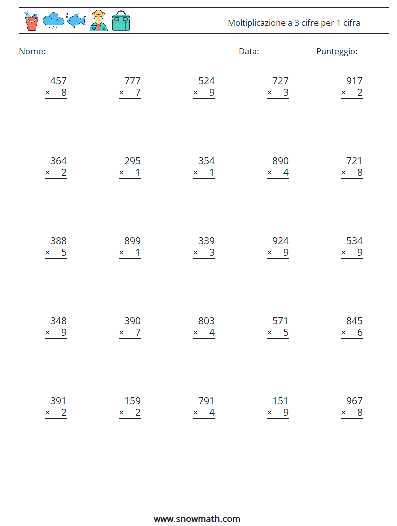 (25) Moltiplicazione a 3 cifre per 1 cifra Fogli di lavoro di matematica 1