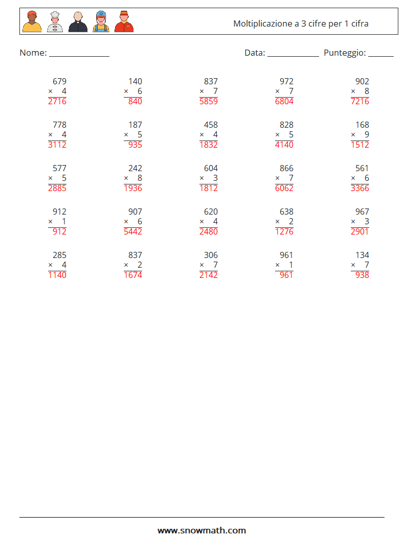 (25) Moltiplicazione a 3 cifre per 1 cifra Fogli di lavoro di matematica 11 Domanda, Risposta