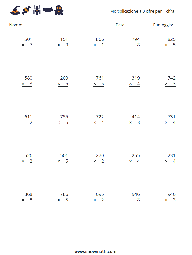 (25) Moltiplicazione a 3 cifre per 1 cifra Fogli di lavoro di matematica 12