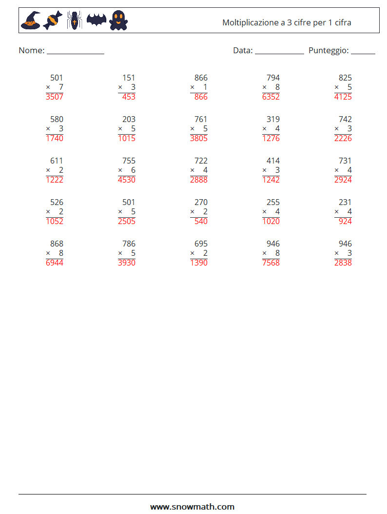 (25) Moltiplicazione a 3 cifre per 1 cifra Fogli di lavoro di matematica 12 Domanda, Risposta