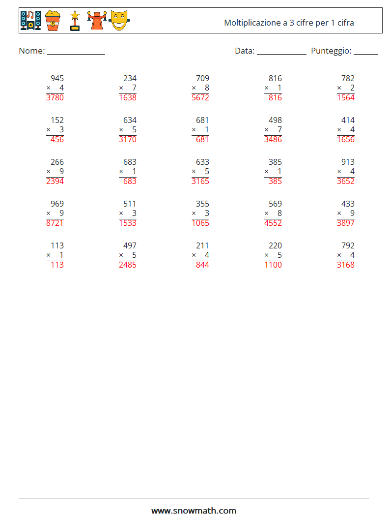 (25) Moltiplicazione a 3 cifre per 1 cifra Fogli di lavoro di matematica 13 Domanda, Risposta