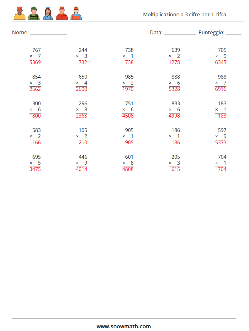 (25) Moltiplicazione a 3 cifre per 1 cifra Fogli di lavoro di matematica 14 Domanda, Risposta