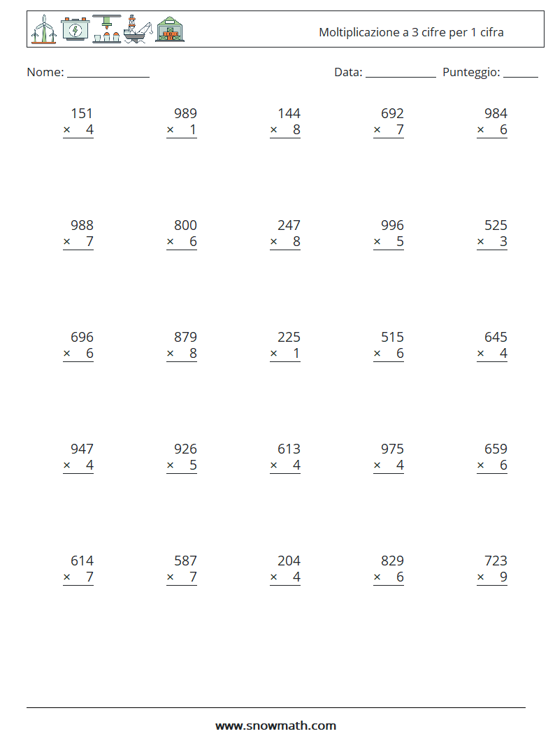 (25) Moltiplicazione a 3 cifre per 1 cifra Fogli di lavoro di matematica 15