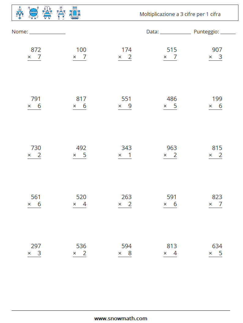 (25) Moltiplicazione a 3 cifre per 1 cifra Fogli di lavoro di matematica 16