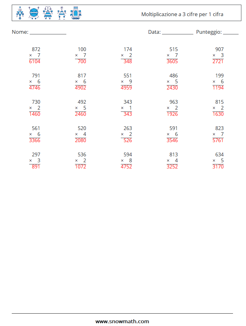 (25) Moltiplicazione a 3 cifre per 1 cifra Fogli di lavoro di matematica 16 Domanda, Risposta