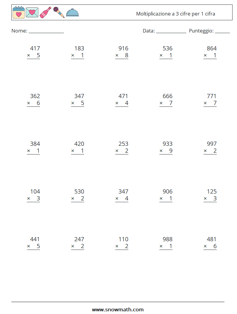 (25) Moltiplicazione a 3 cifre per 1 cifra Fogli di lavoro di matematica 17