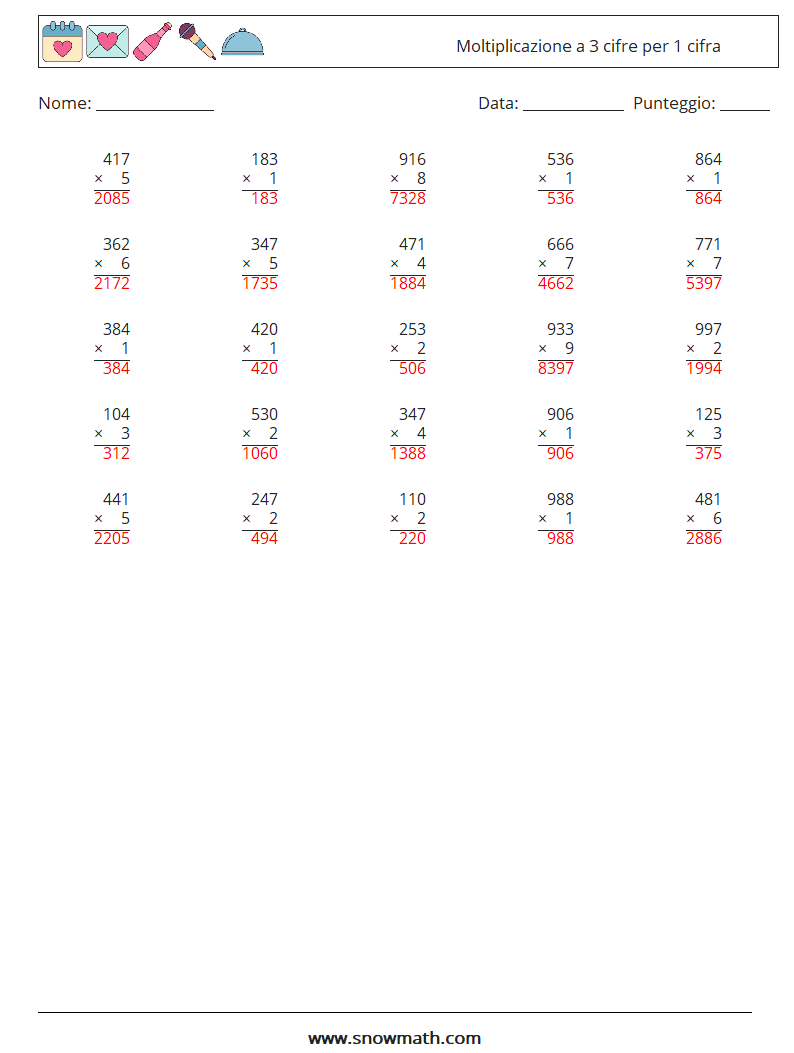 (25) Moltiplicazione a 3 cifre per 1 cifra Fogli di lavoro di matematica 17 Domanda, Risposta