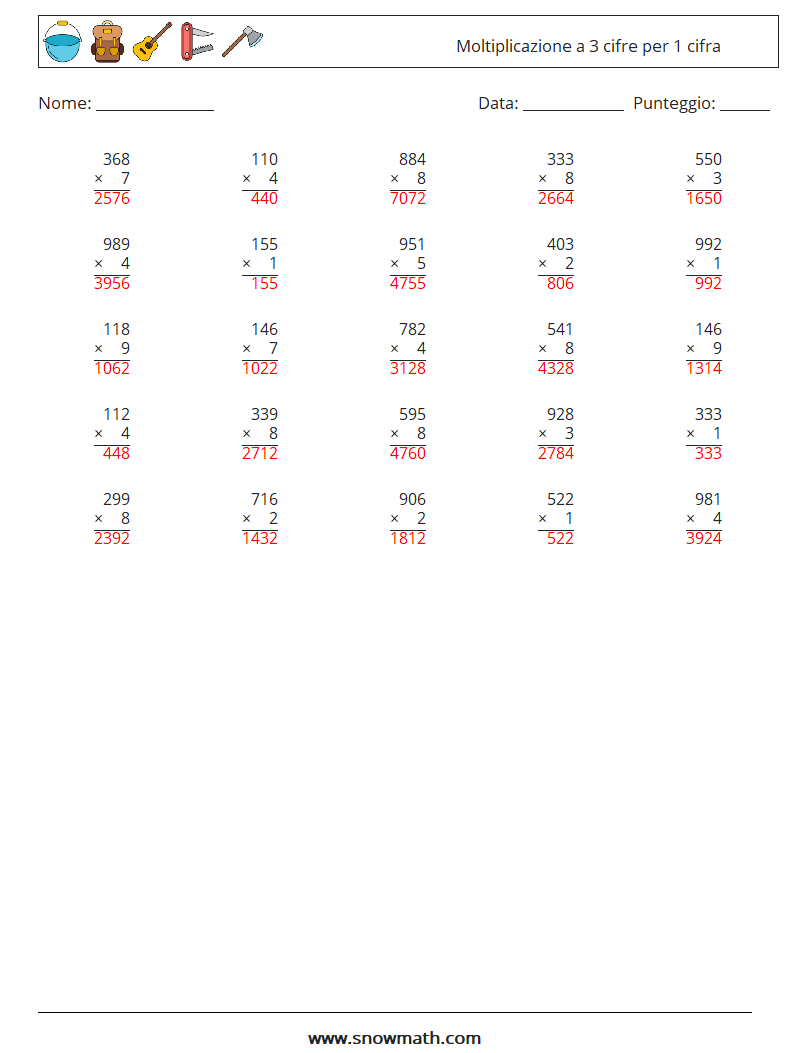 (25) Moltiplicazione a 3 cifre per 1 cifra Fogli di lavoro di matematica 18 Domanda, Risposta